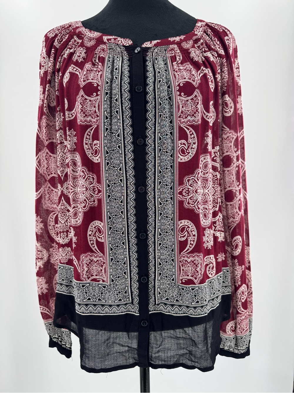 Lucky Brand Burgundy Paisley Peasant Top Boho Blouse XS